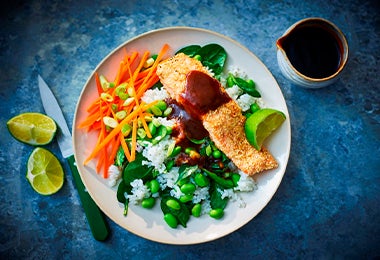 Plato con salmón, verduras, arroz y salsa Worcestershire