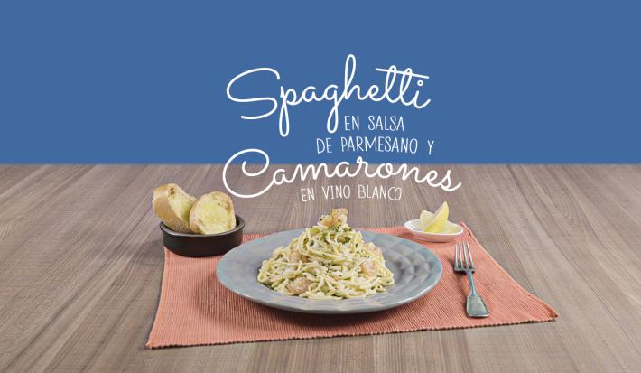 SPAGUETTI EN SALSA DE PARMESANO Y CAMARONES EN VINO BLANCO